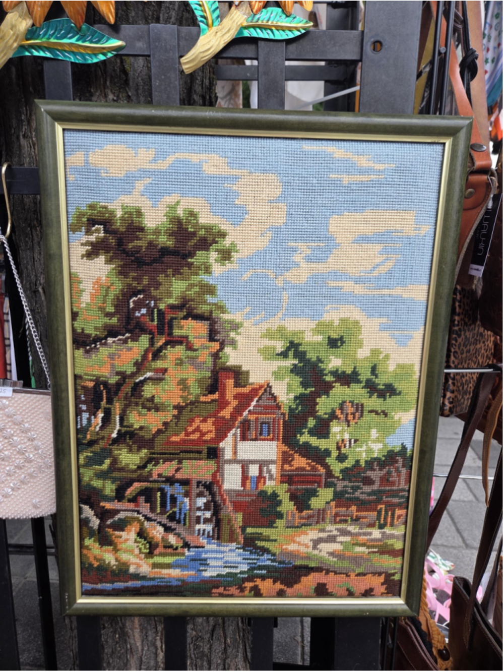 Vintage Framed Needlepoint Landscape, Cottage Mill Tapestry Wall Art, English
